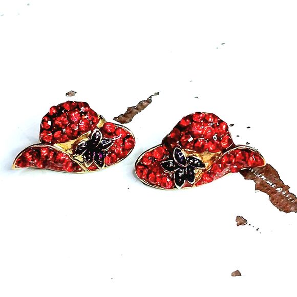 Red Hat Rhinestone Stud Earrings, Pierced Ears, Vintage Jewelry, Gently Used - Picture 1 of 4